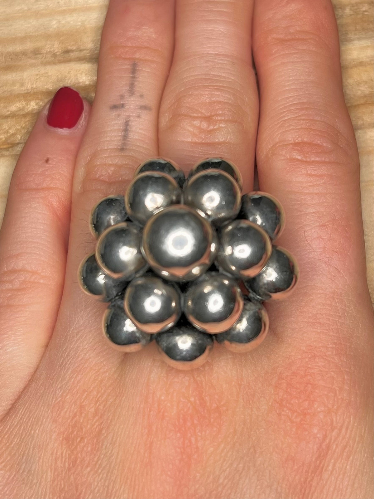 Large Bobble Cluster 925 Mexico Sterling Silver Adjustable Ring