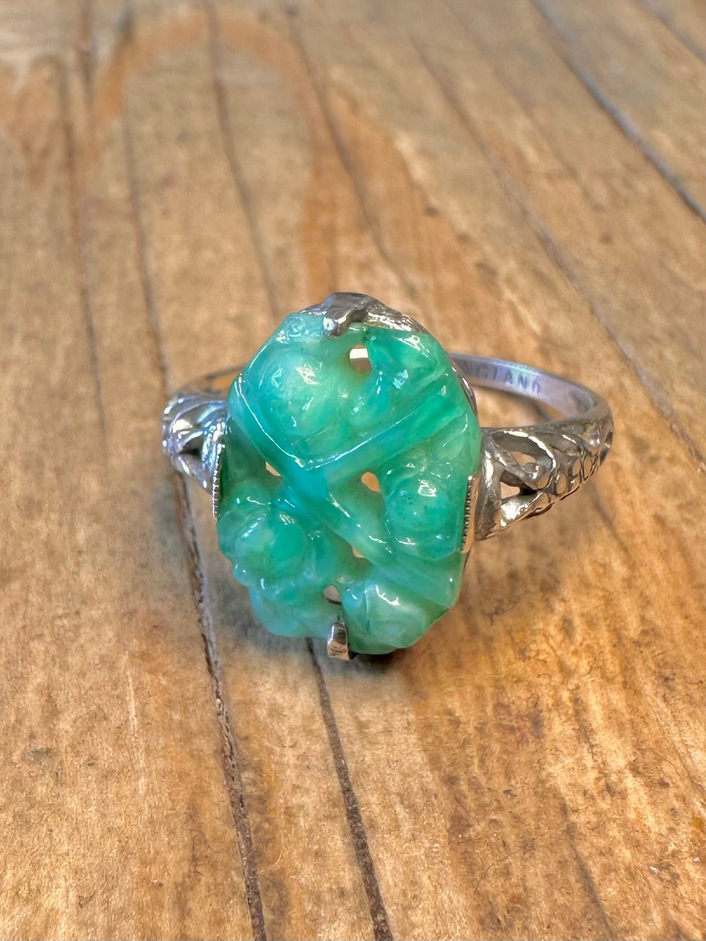 Carved Jadeite Thomas L Mott Art Deco 925 Sterling Silver England Size O Ring