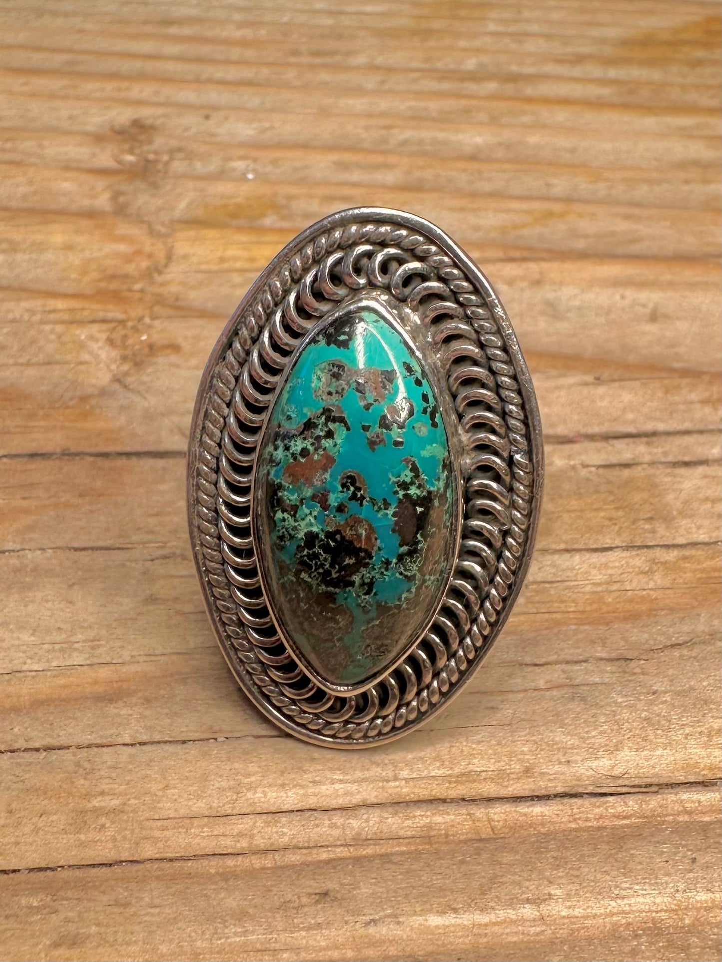 Vintage Turquoise Rope Border Design 925 Sterling Silver Size P1/2 Ring