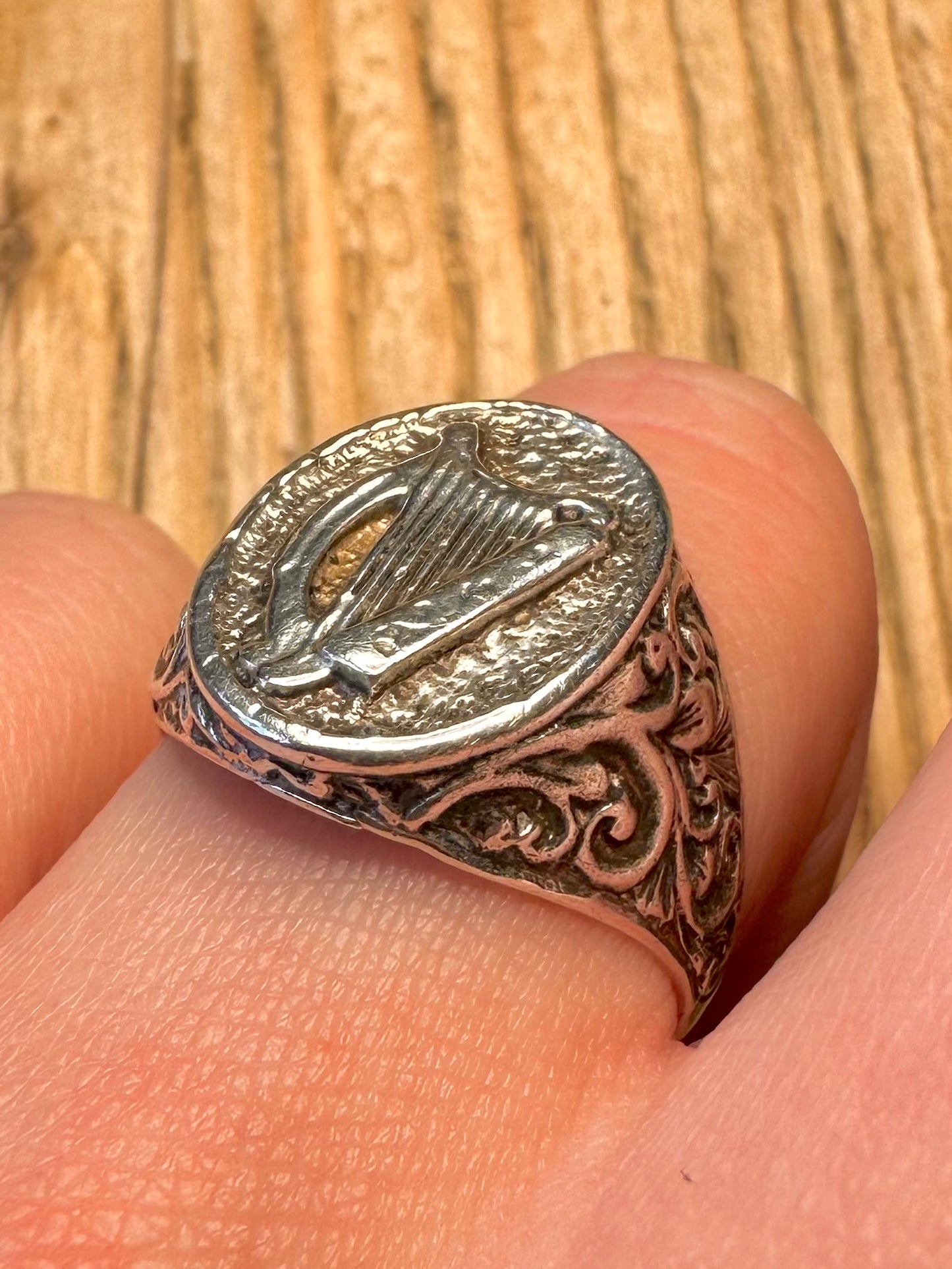 Vintage Irish Harp Motif Signet 925 Sterling Silver Size U Ring