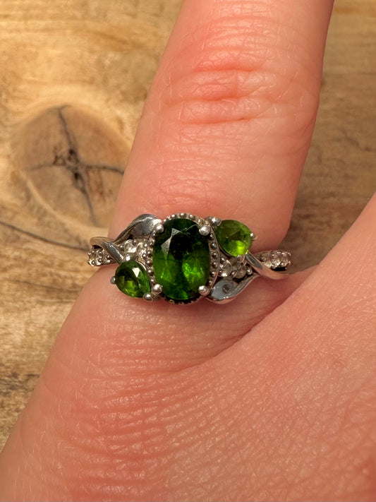 Vintage Diopside and CZ 925 Silver Size N Ring