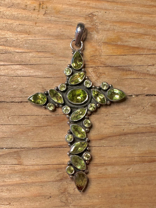 Vintage Peridot Large Cross 925 Sterling Silver Pendant