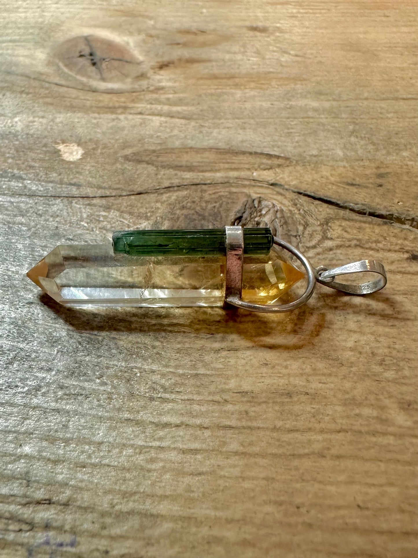 Vintage Citrine and Green Quarts 925 Silver Pendant