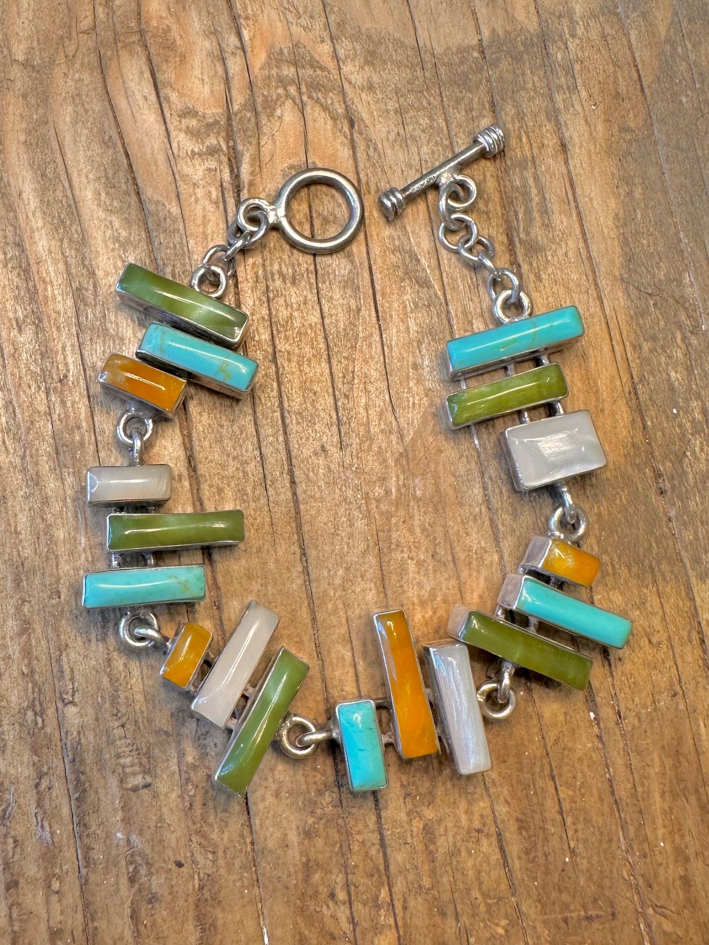 Abstract 2006 Rectangular Multi Gemstone T Bar Clasp 925 Sterling Silver 7.5 inch Bracelet