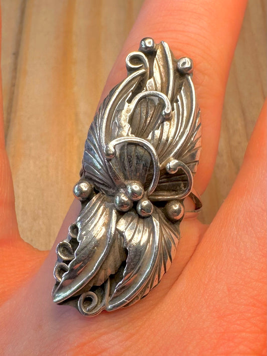Vintage Navajo Floral Leaf 925 Sterling Silver Maker DL Size O1/2 Ring