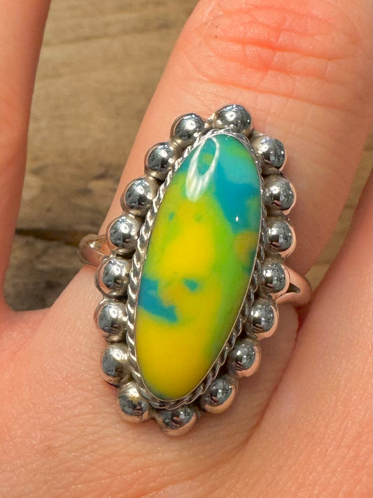 Vintage Blue and Yellow Agate Boho 925 Silver Size S Ring