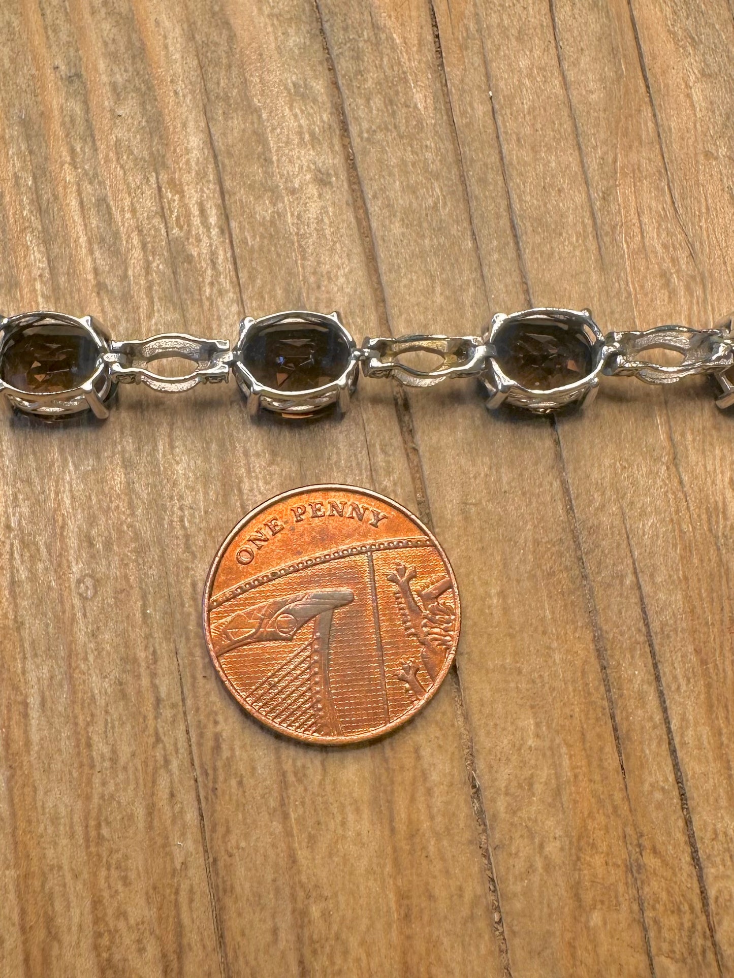 Modernist Smokey Quarts Tennis 925 Sterling Silver 7.2 inch Bracelet