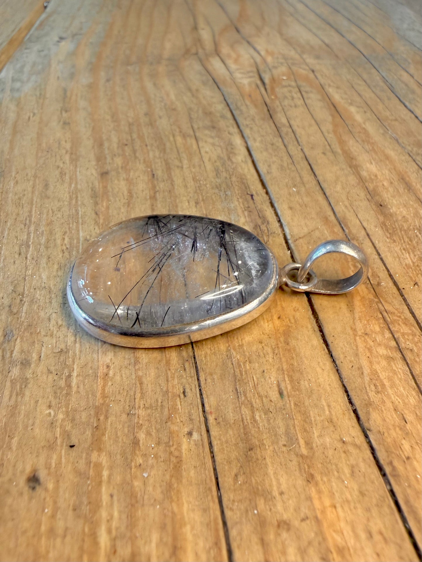 Black Clear Rutilated Quarts 925 Sterling Silver Pendant
