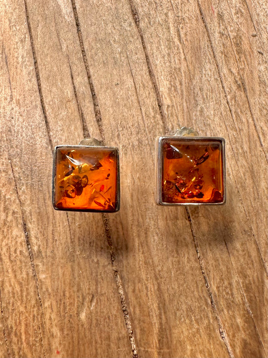Abstract Amber Square Stud 925 Sterling Silver Earrings