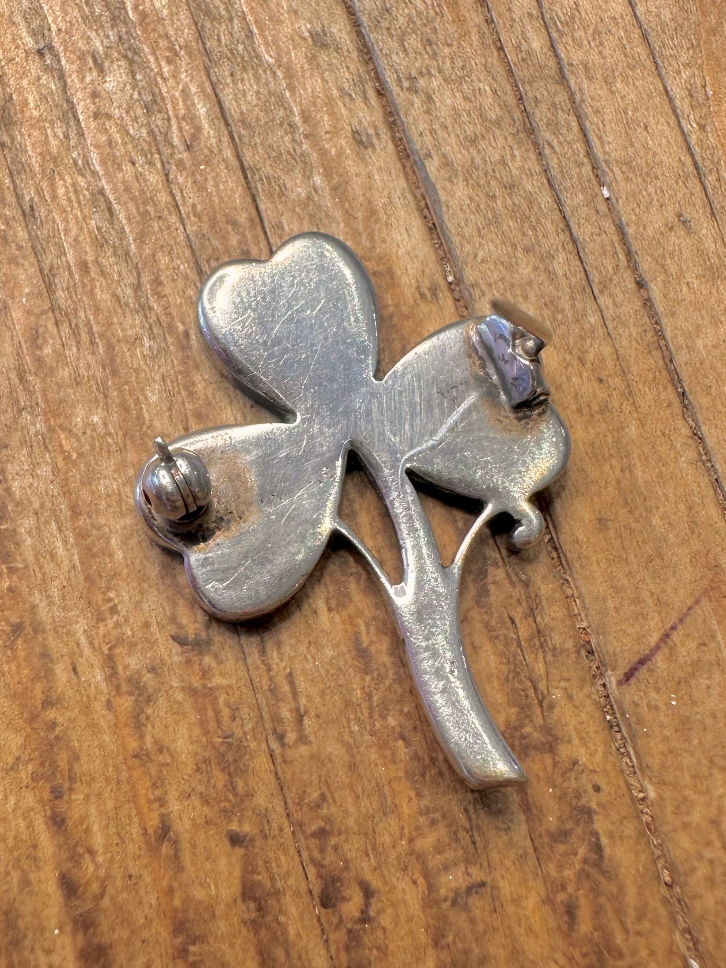 Three Leaf Shamrock Green Marble 925 Sterling Silver Brooch