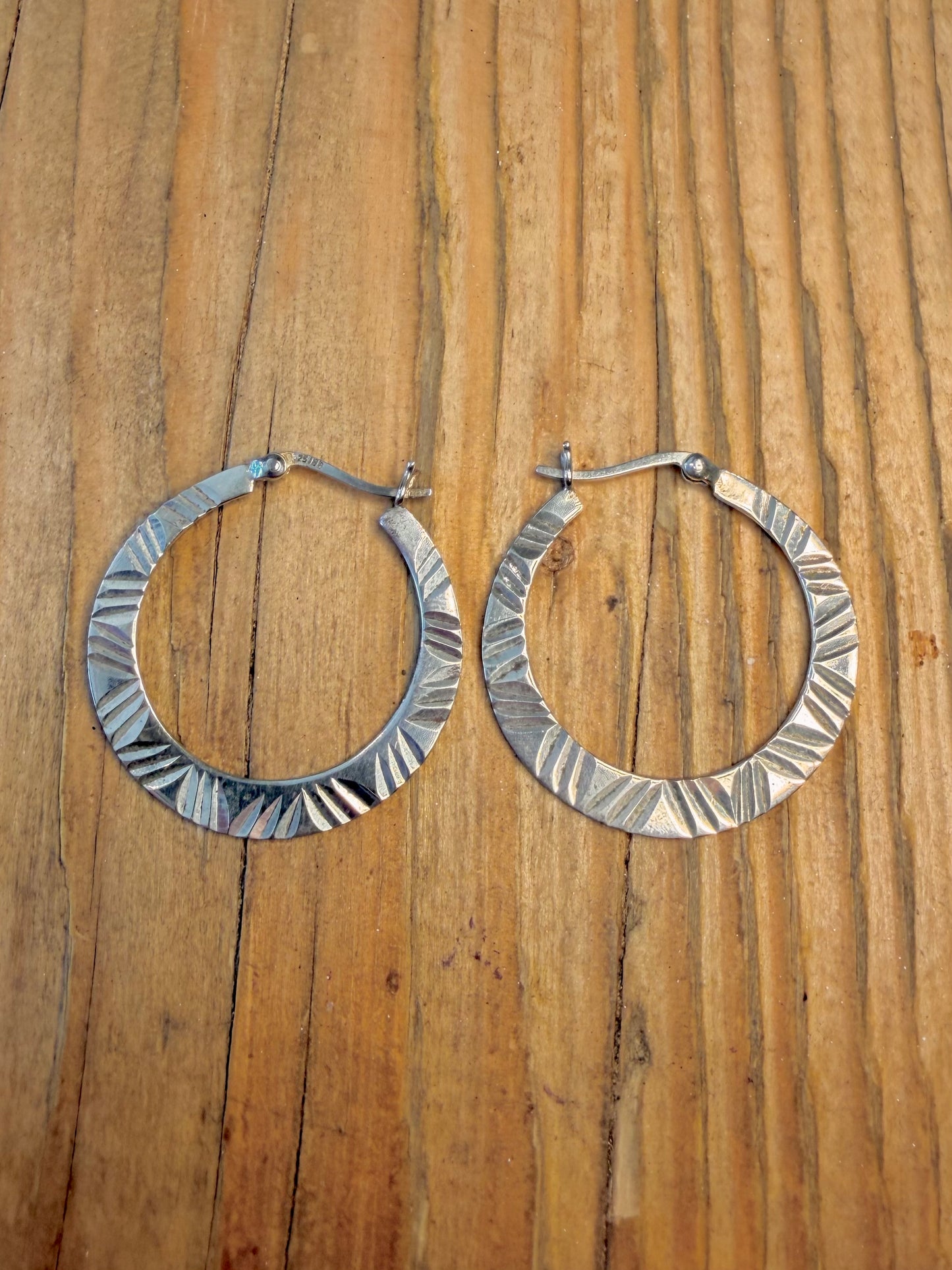 Textured Flat Hoops 925 Sterling Silver Earrings
