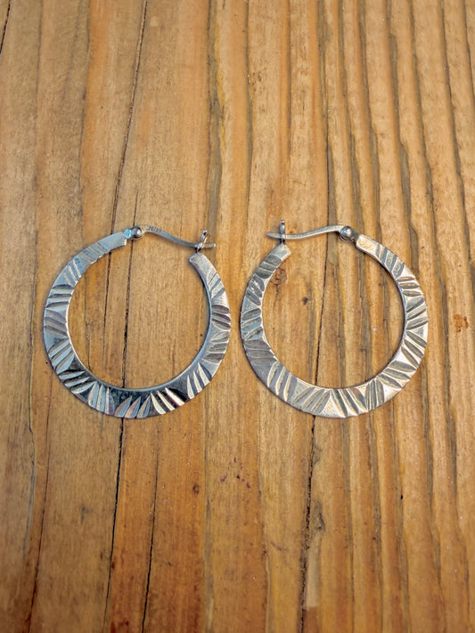 Textured Flat Hoops 925 Sterling Silver Earrings