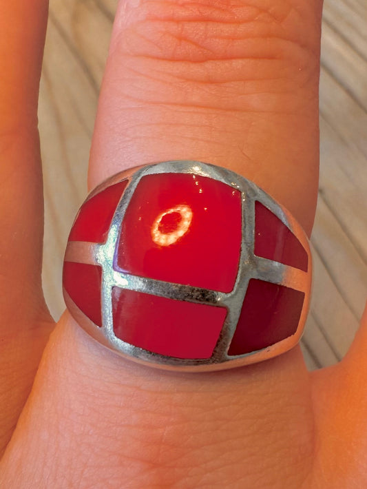 Abstract Carnelian Inlay 925 Silver Size T Ring