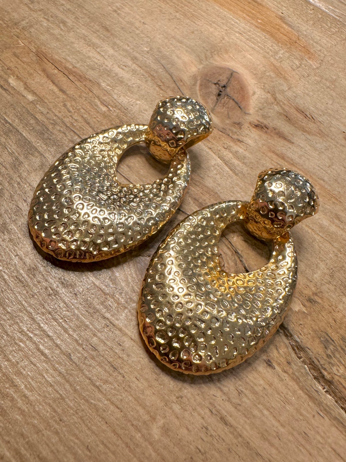 Vintage Large Oval Textured Gold Costume Earrings