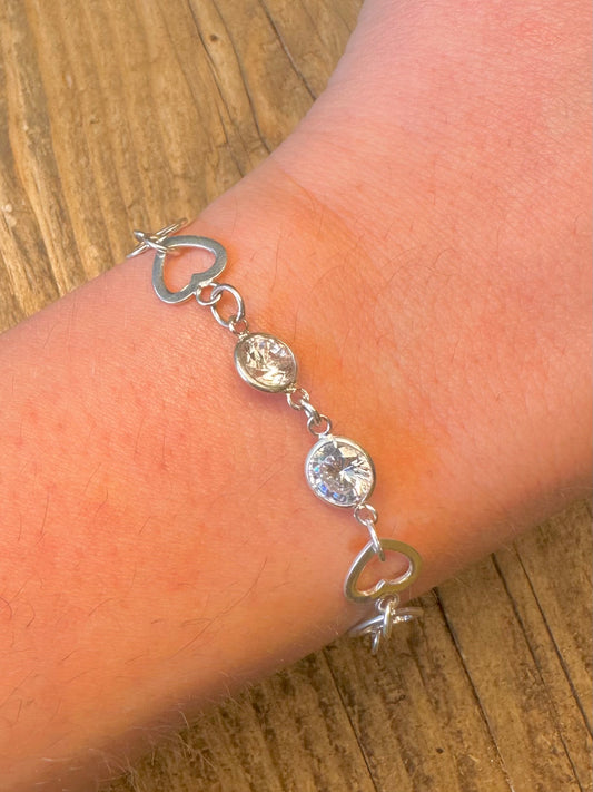Heart Link CZ Stone 925 Sterling Silver 7.2 inch Bracelet