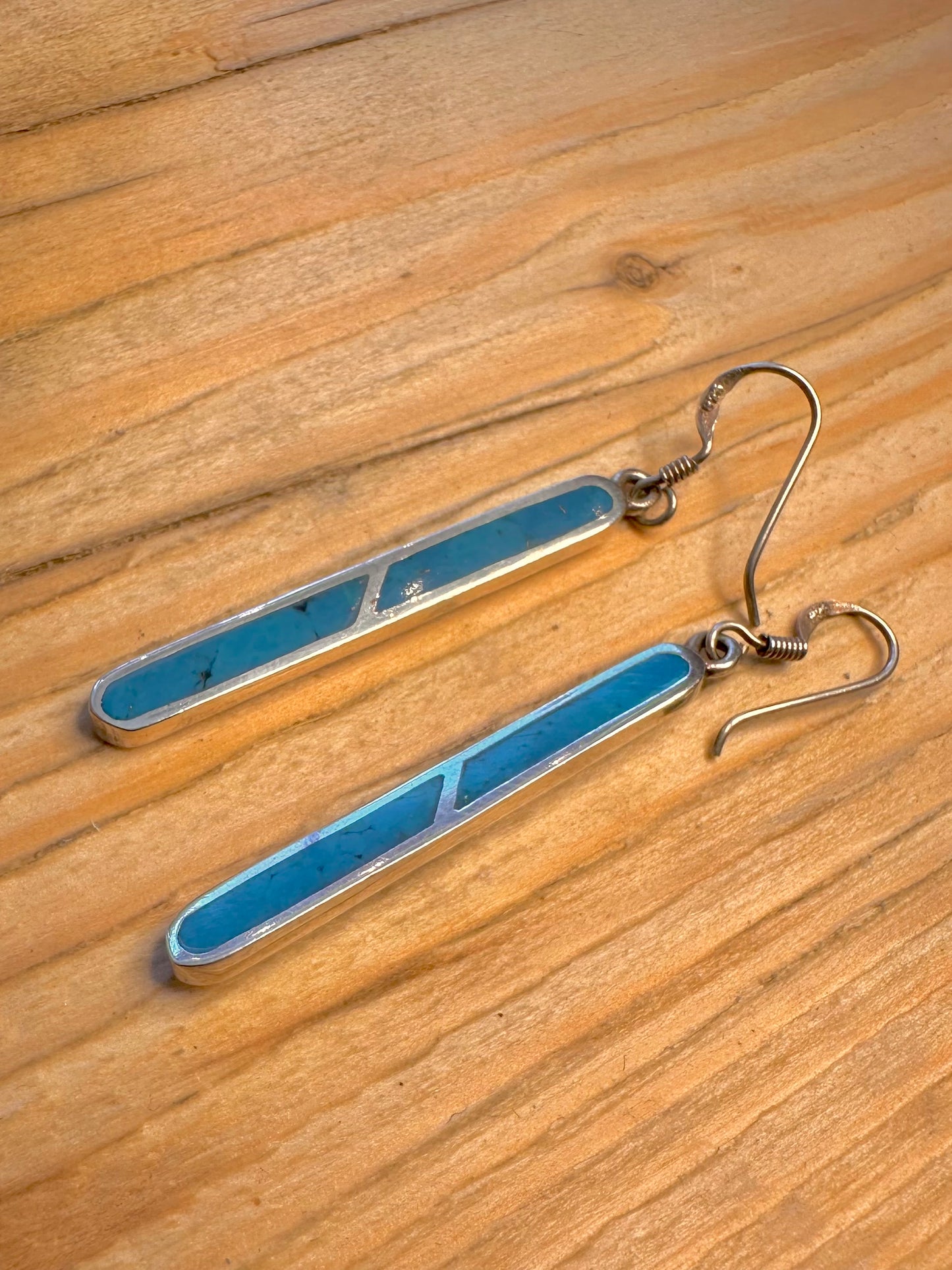 Abstract Turquoise Inlay Bar Dangle 925 Sterling Silver Earrings