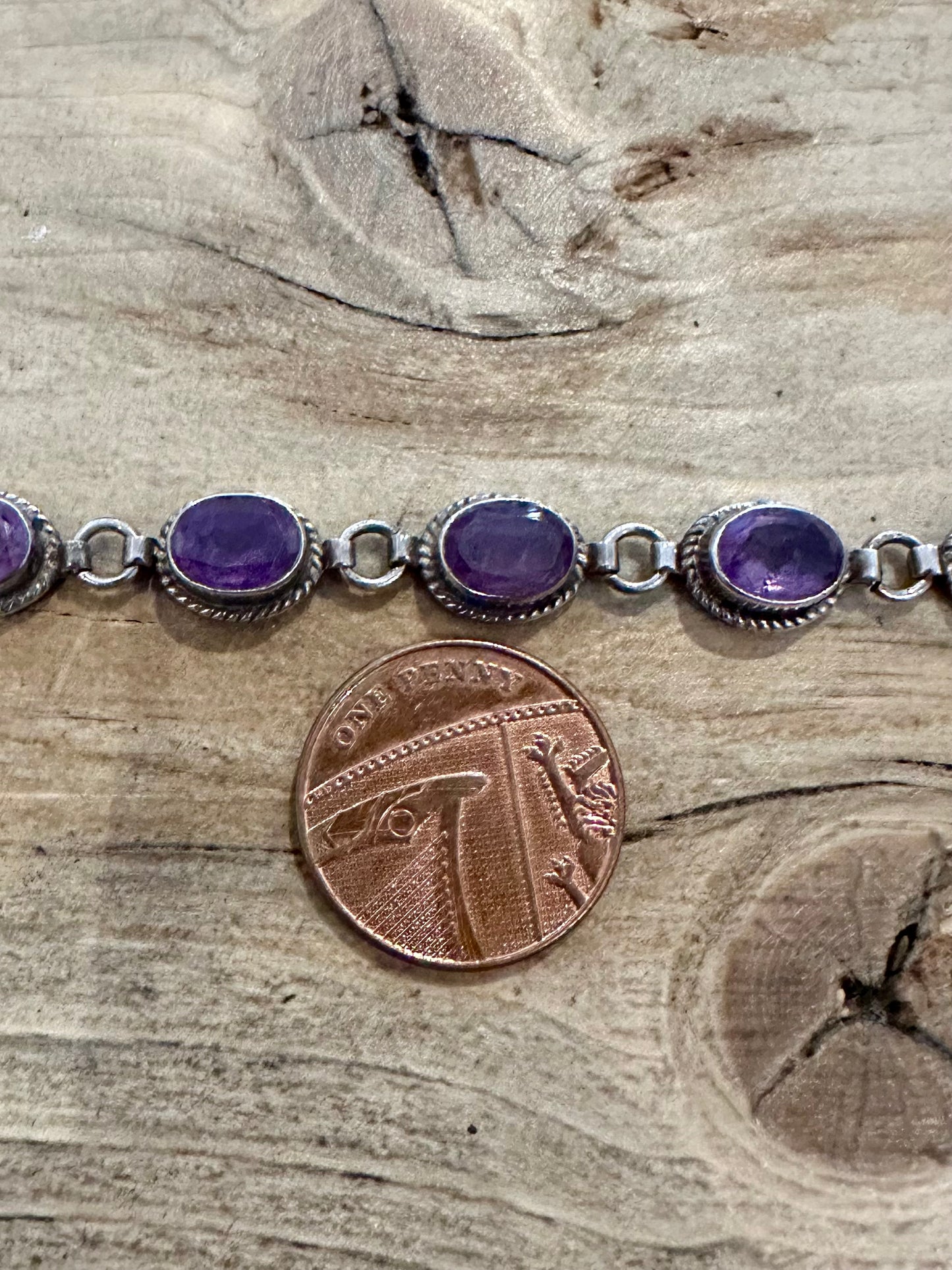 Vintage Amethyst Oval Link Hook Clasp 925 Silver 7.2 inch Bracelet