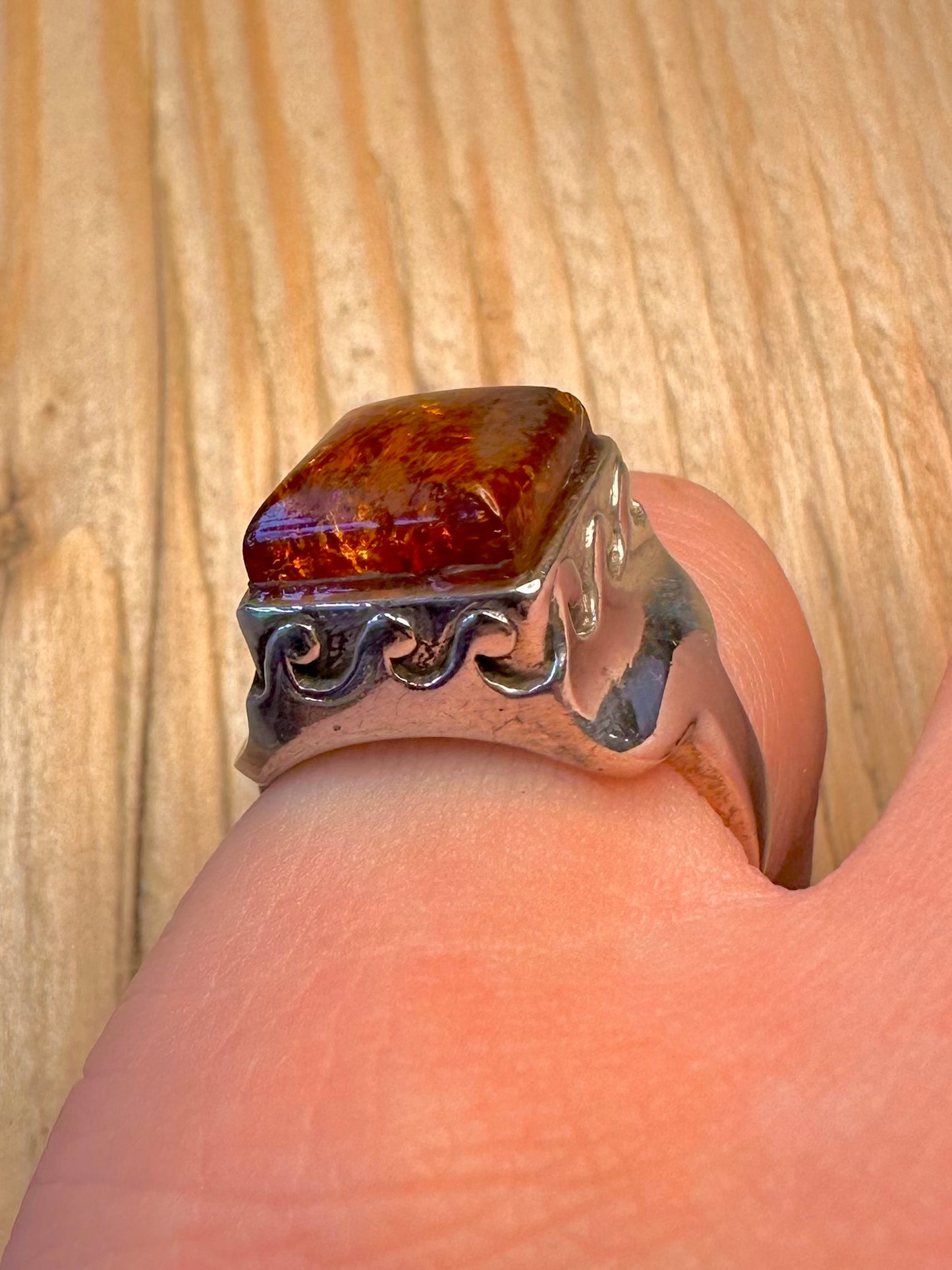 Vintage Amber Square Wavy Design 925 Sterling Silver Size L1/2 Ring
