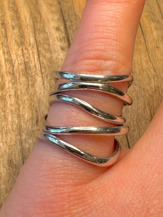 Abstract Multi Layer Long 925 Sterling Silver Size N Ring