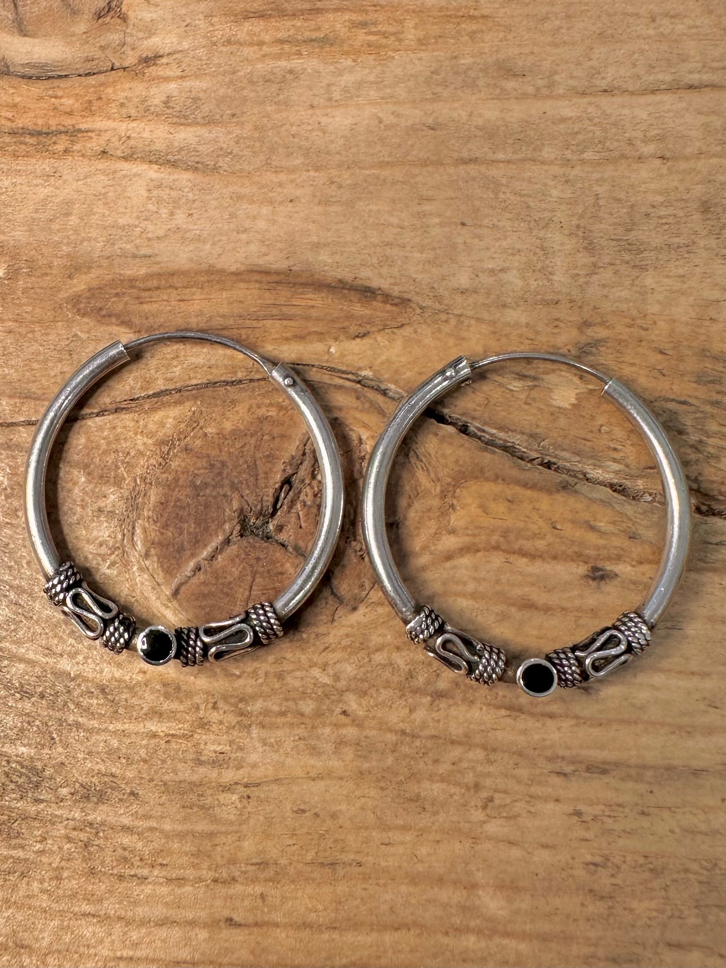 Vintage Tribal Black Stone 925 Silver Hoop Earrings