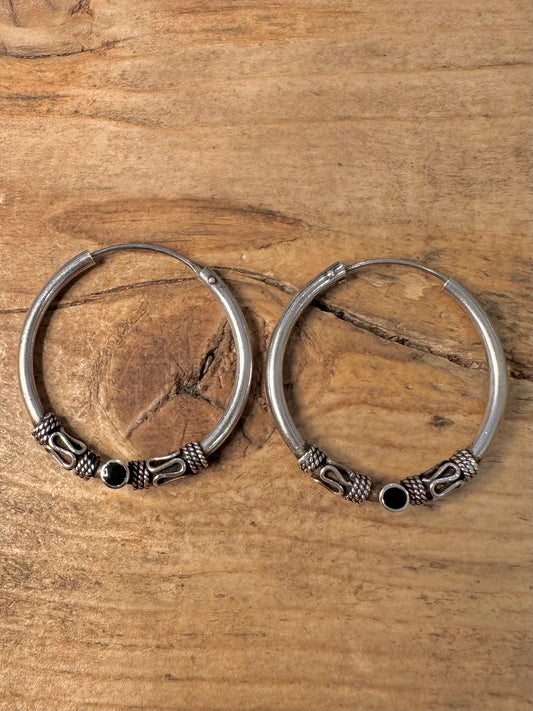 Vintage Tribal Black Stone 925 Silver Hoop Earrings