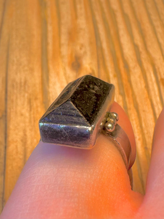 Black Stone Intricate Carved Figures 925 Sterling Silver Size L Ring