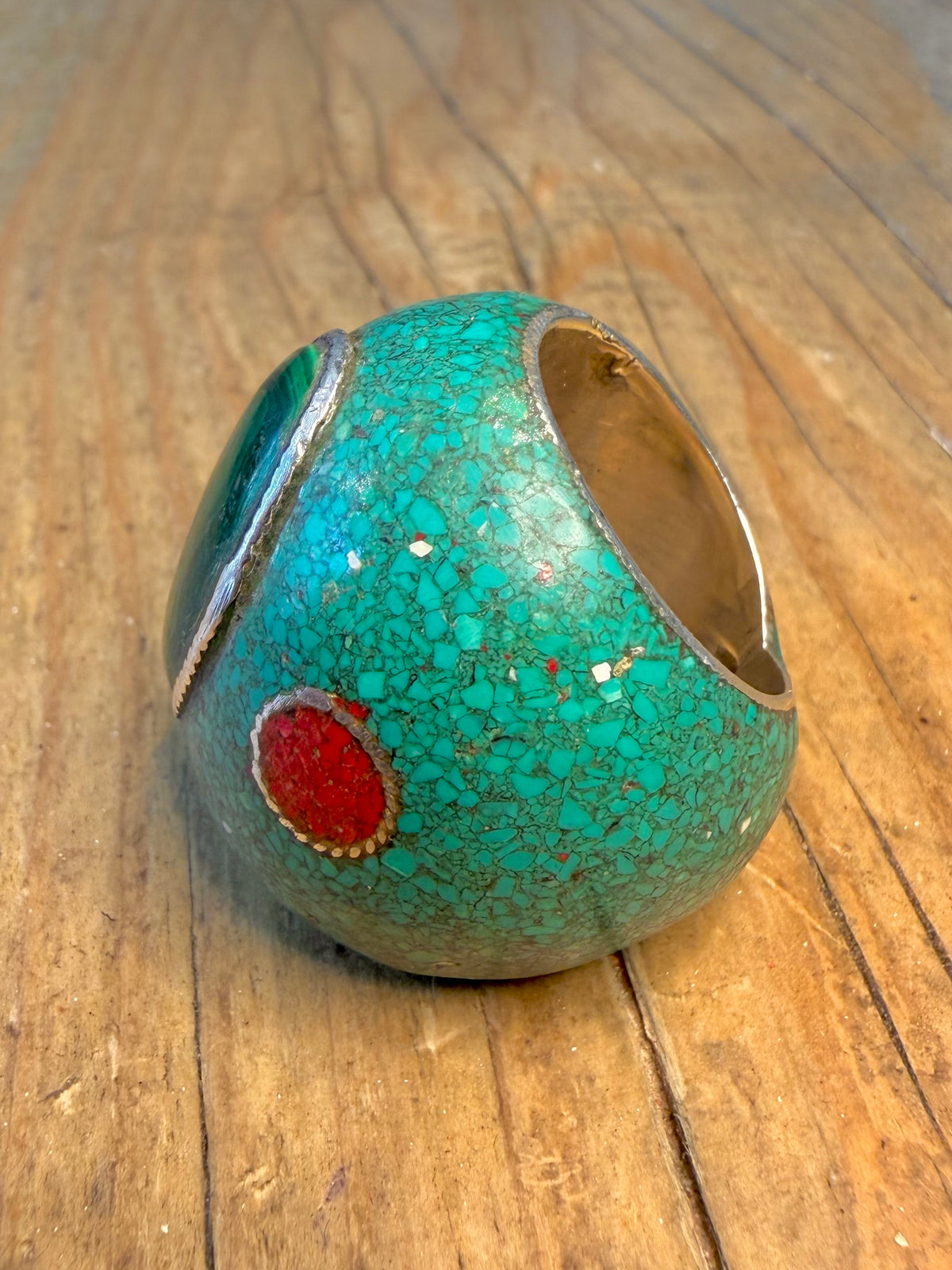 Chunky Turquoise Malachite and Coral Inlay 925 Sterling Silver Size P1/2 Ring
