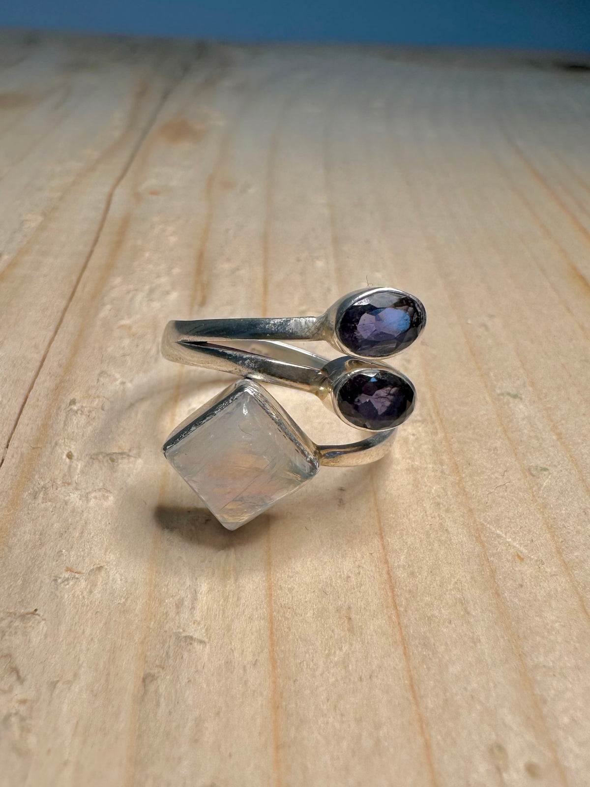 Rainbow Moonstone & Amethyst Boho 925 Sterling Silver Size Q Ring