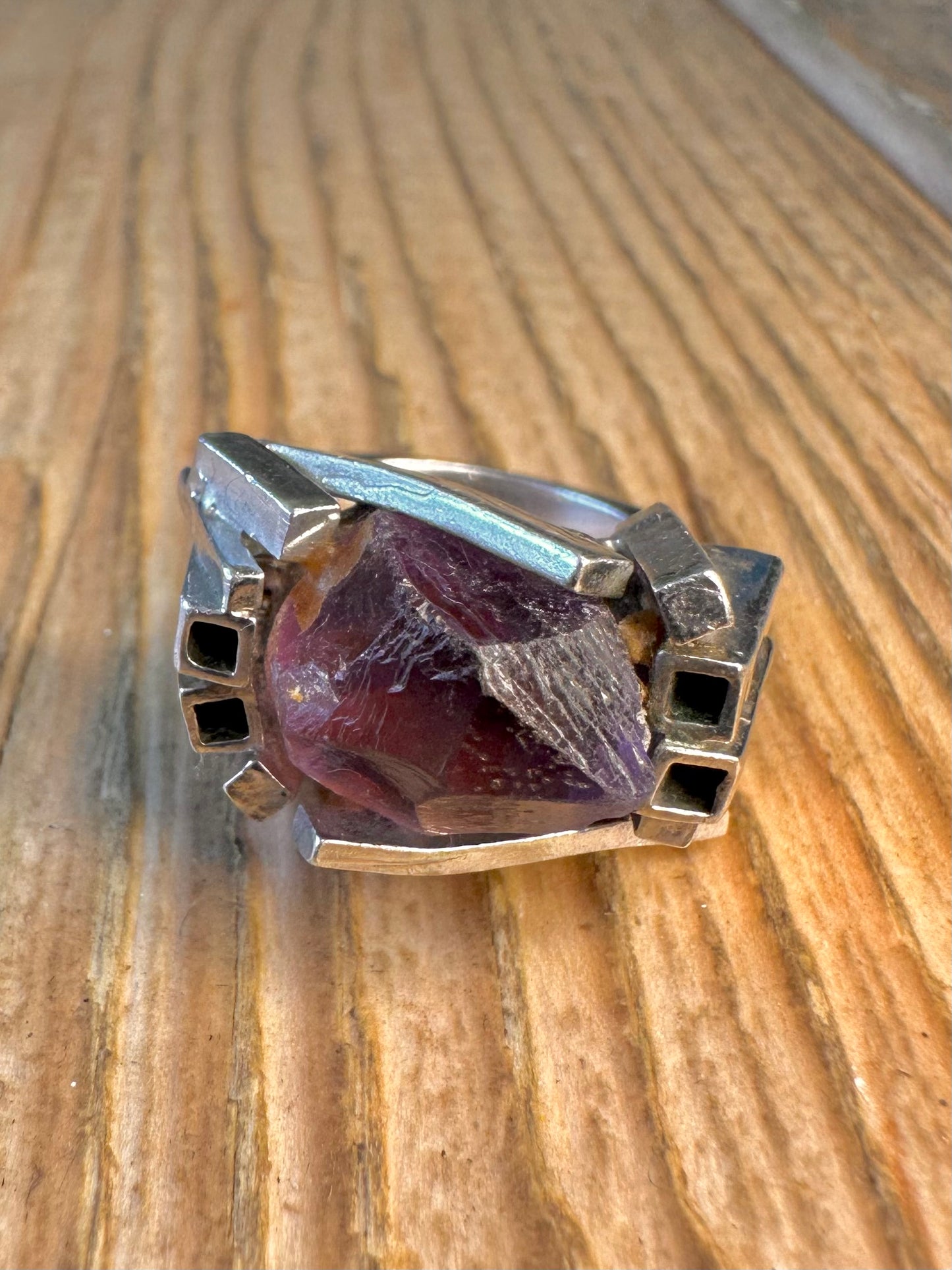 Modernist Abstract 1971 Raw Amethyst 925 Sterling Silver Size L Ring