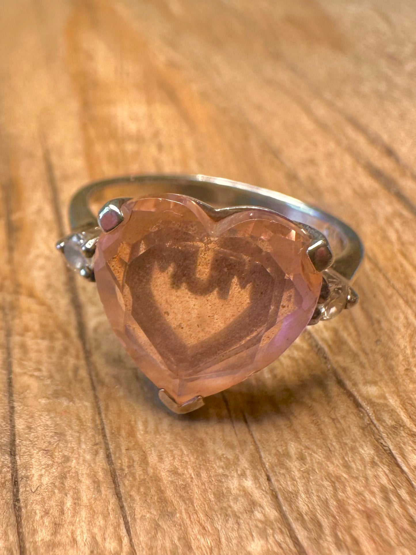 Vintage Mum Pink Heart Stone 925 Sterling Silver Size M1/2 Ring