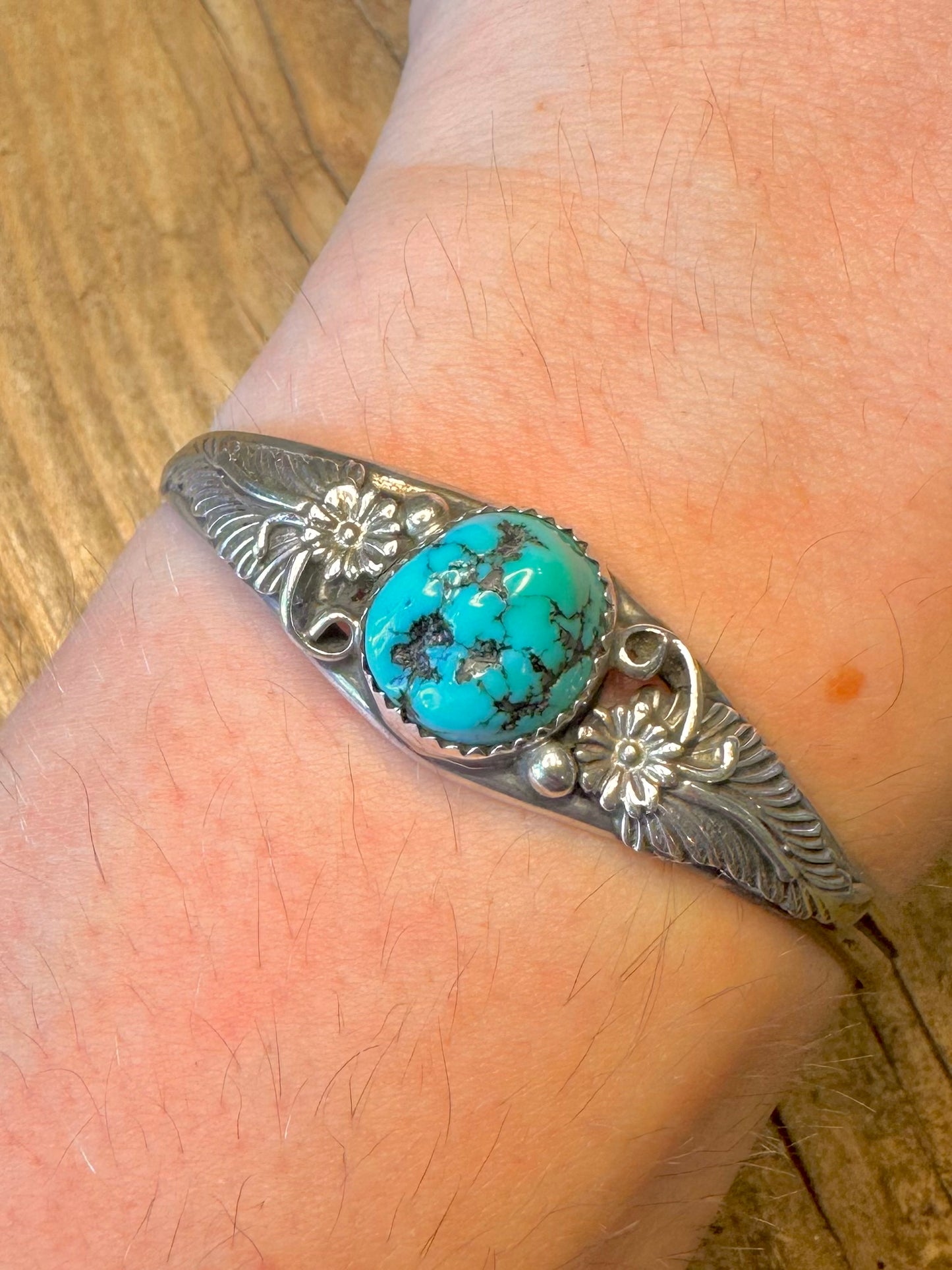 Navajo Turquoise Leaf Floral Silver Cuff Bangle