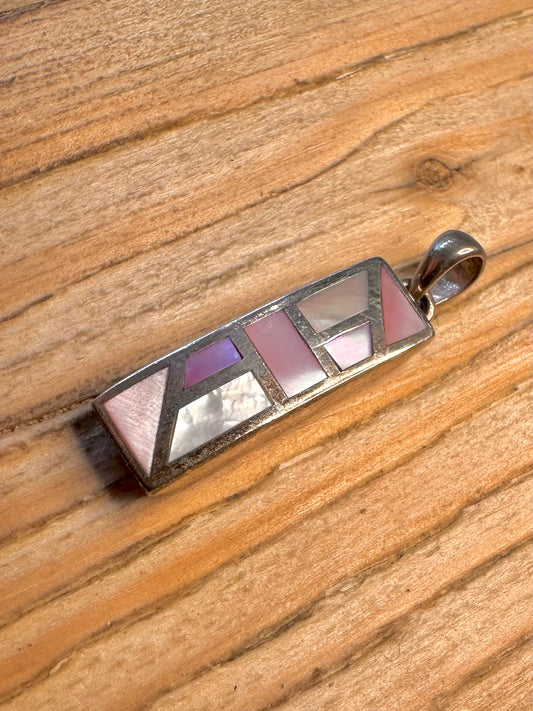 Modernist Pink Mother of Pearl Rectangle 925 Sterling Silver Pendant