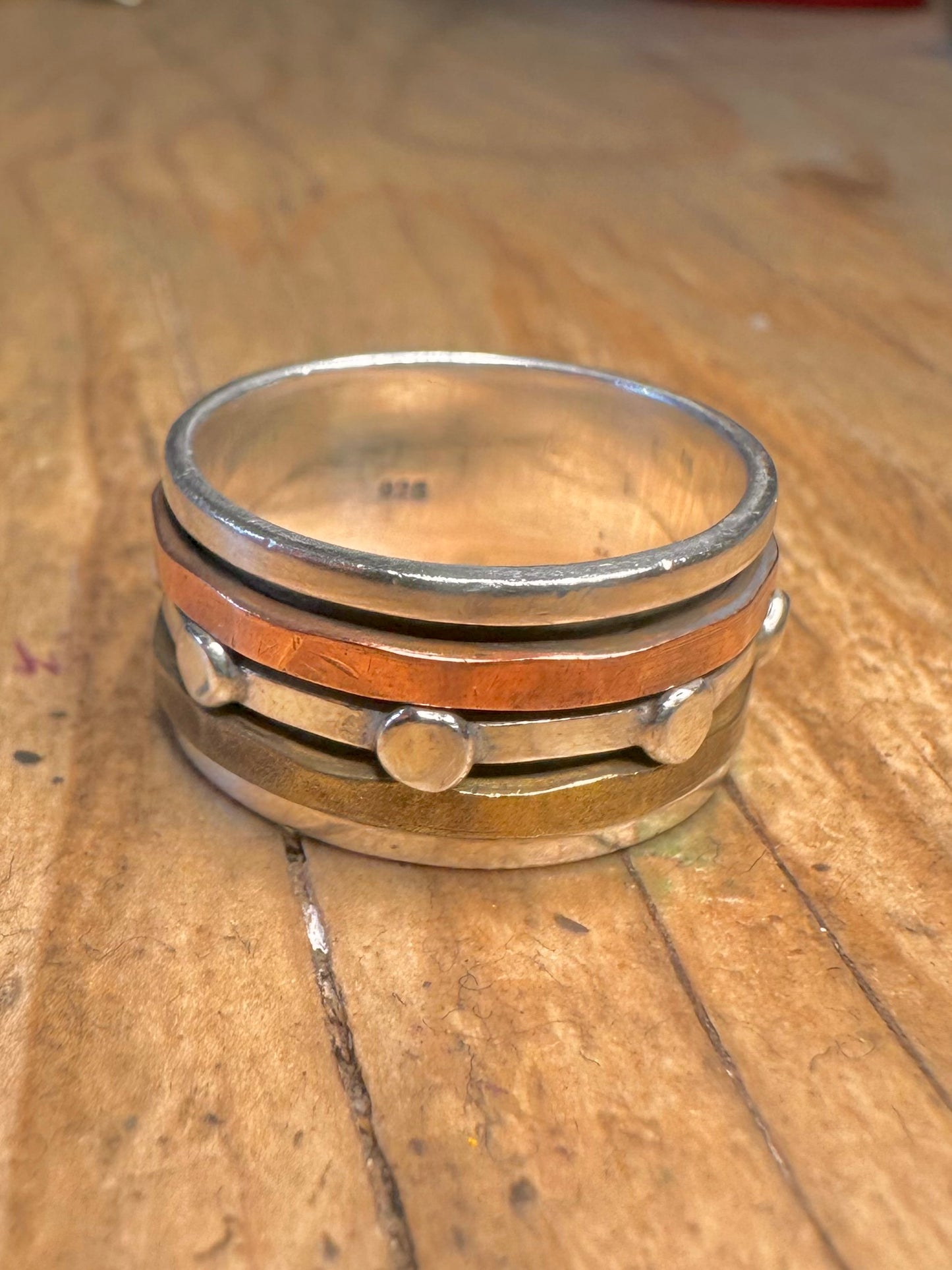 Vintage Copper and Brass Chunky Spinner 925 Sterling Silver Size R1/2 Ring