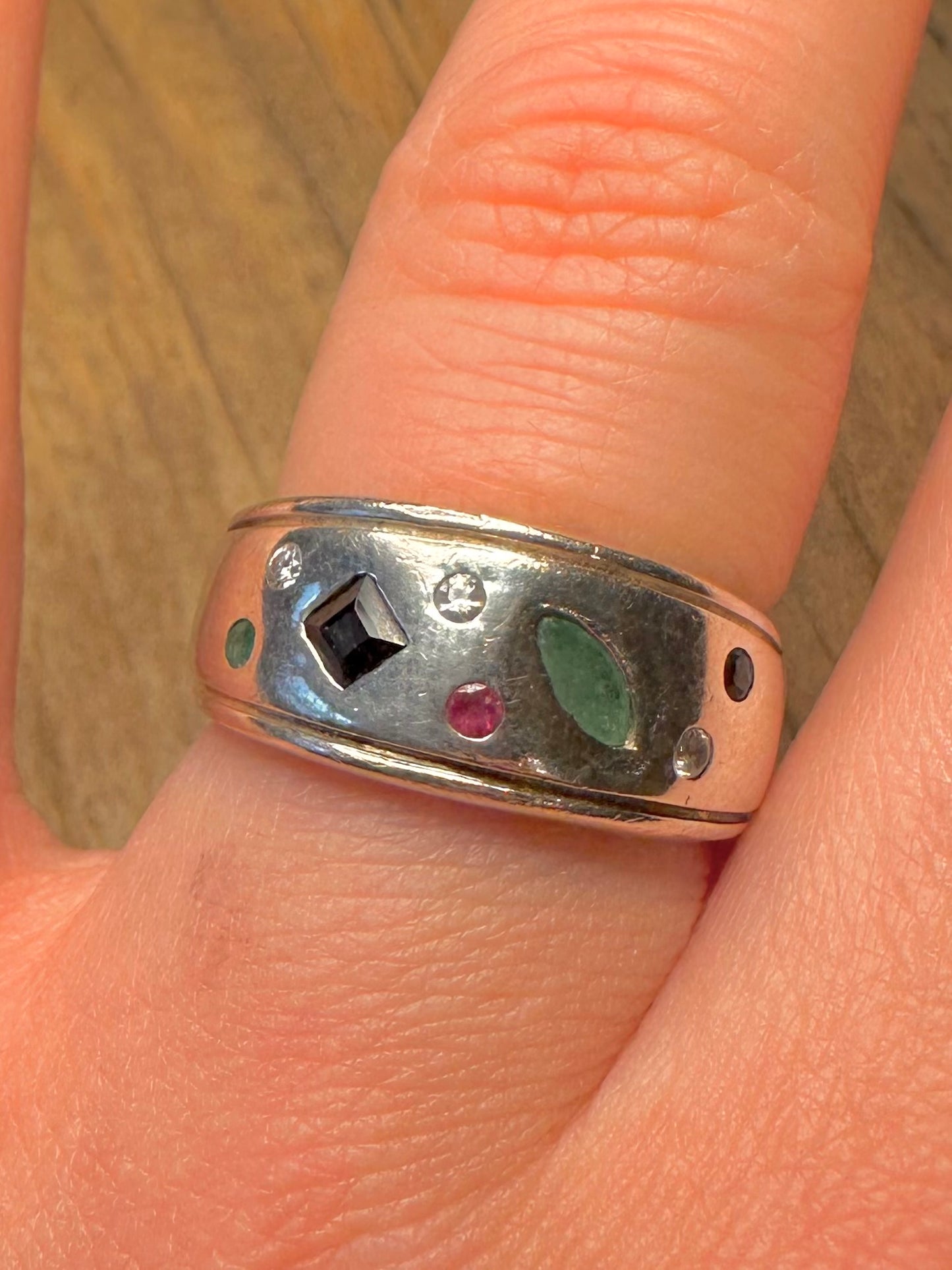 Modernist Multi Gemstone Inlay 925 Sterling Silver Size P Ring