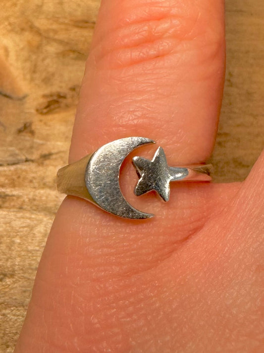 Modern Moon and Star 925 Silver Size L1/2 Ring