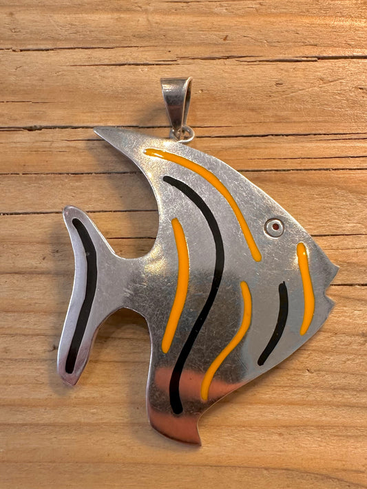 Modernist Angel Enamel Fish 925 Sterling Silver Pendant
