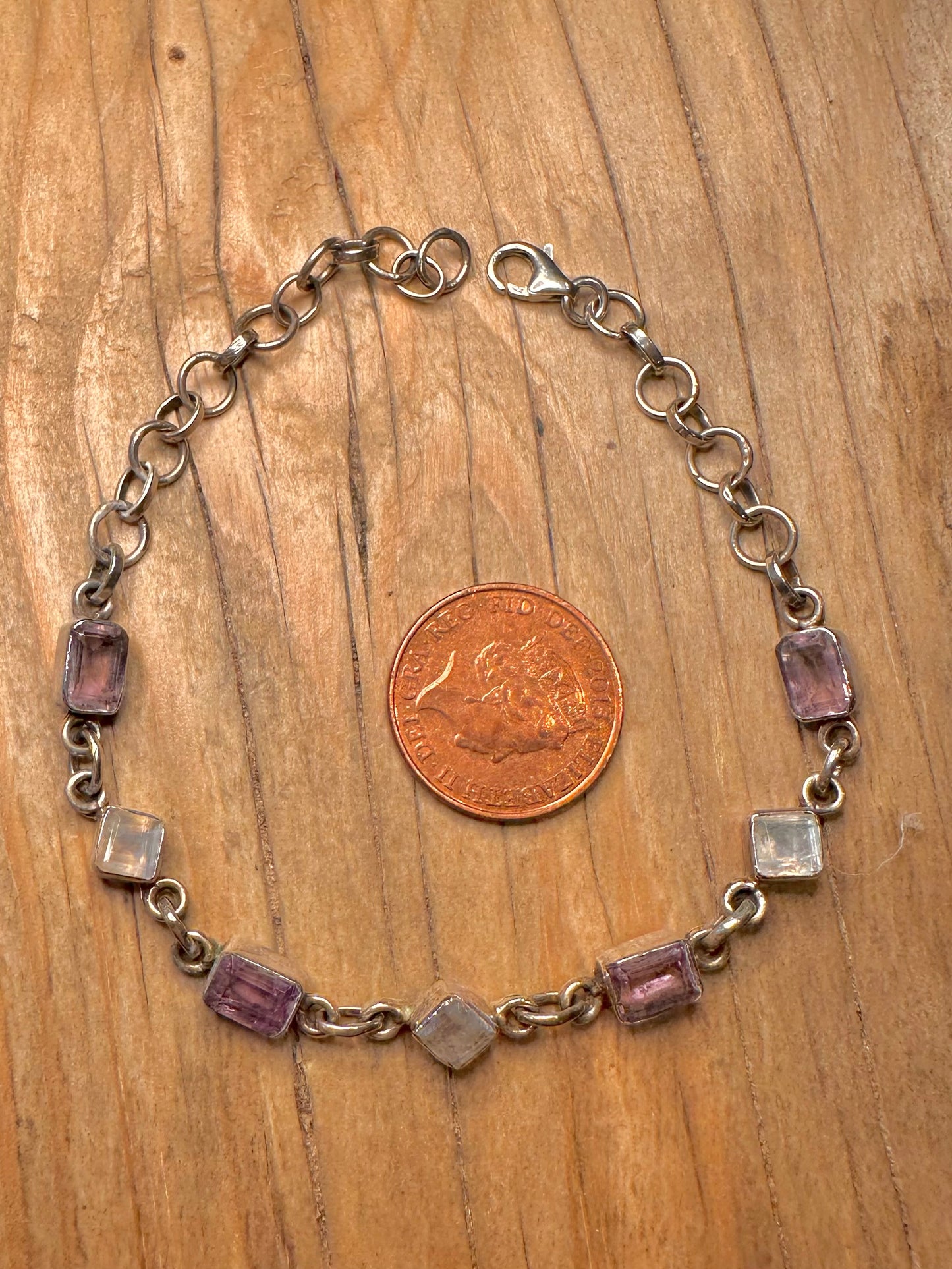 Vintage Moonstone and Amethyst Chain 925 Sterling Silver 6.5 to 8.4 inch Bracelet