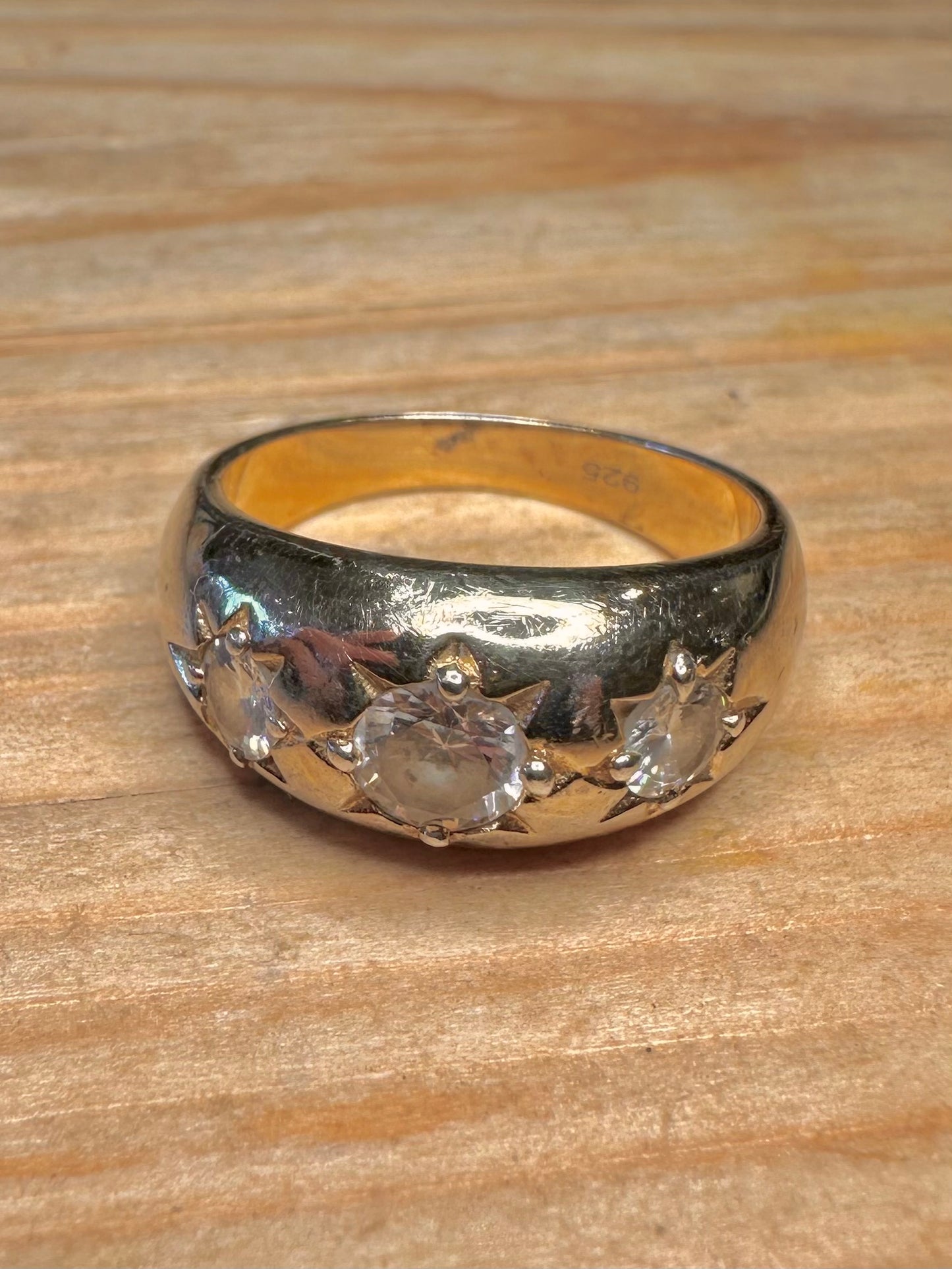 Vintage Gypsy Three White CZ Gold on 925 Sterling Silver Size R Ring