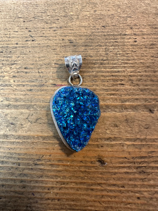 Vintage Blue Druzy 925 Silver Pendant