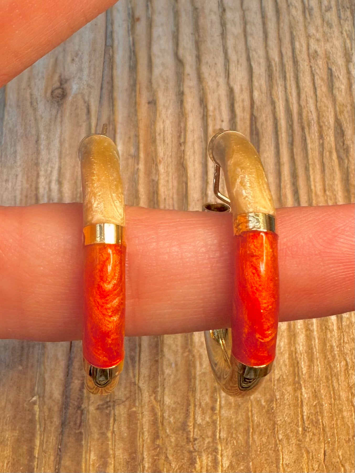 Chunky Red and White Resin Italian Gold on 925 Sterling Silver Hoop Earrings