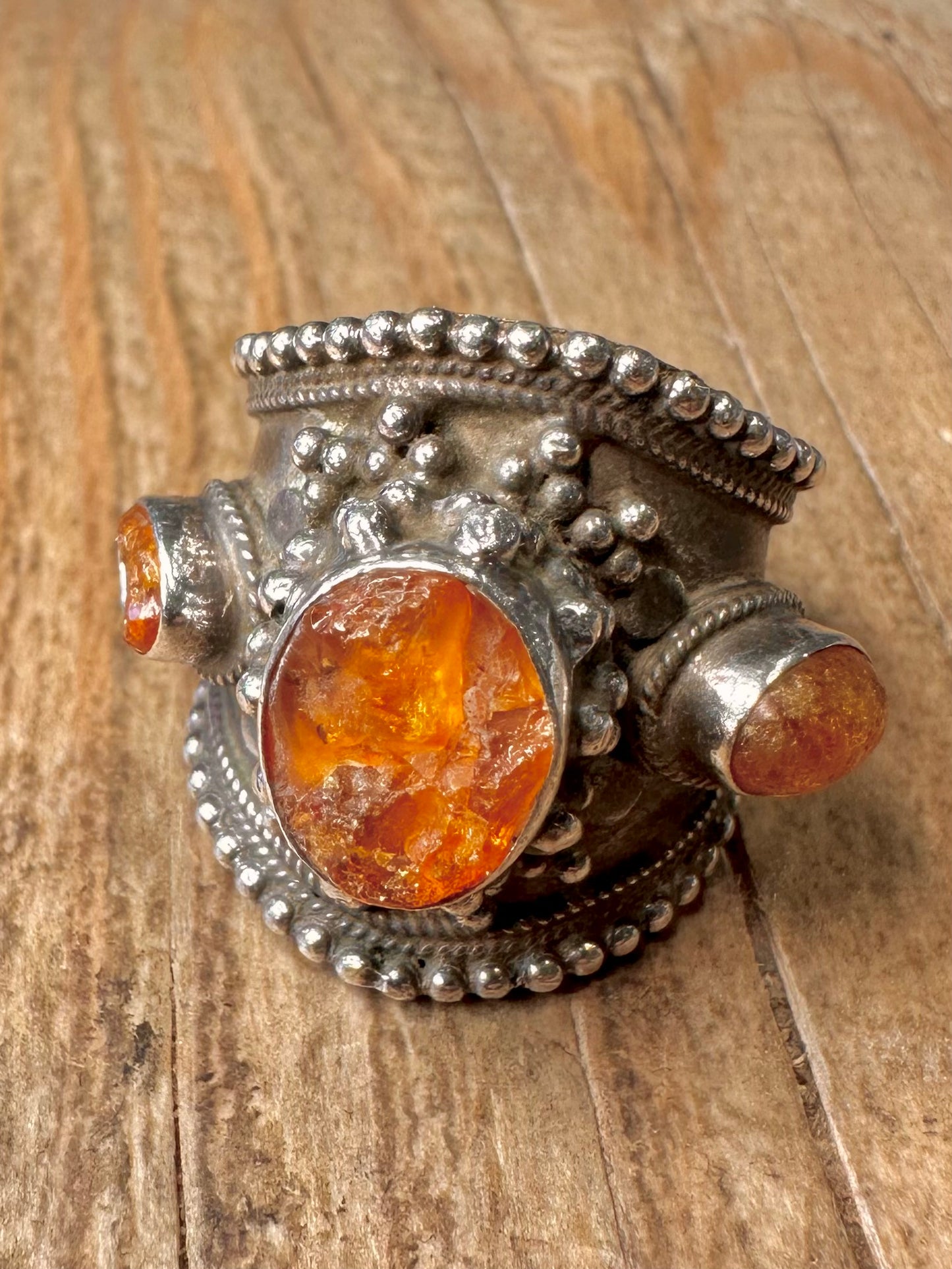 Vintage Raw Amber Bohemian Chunky 925 Sterling Silver Size N Ring