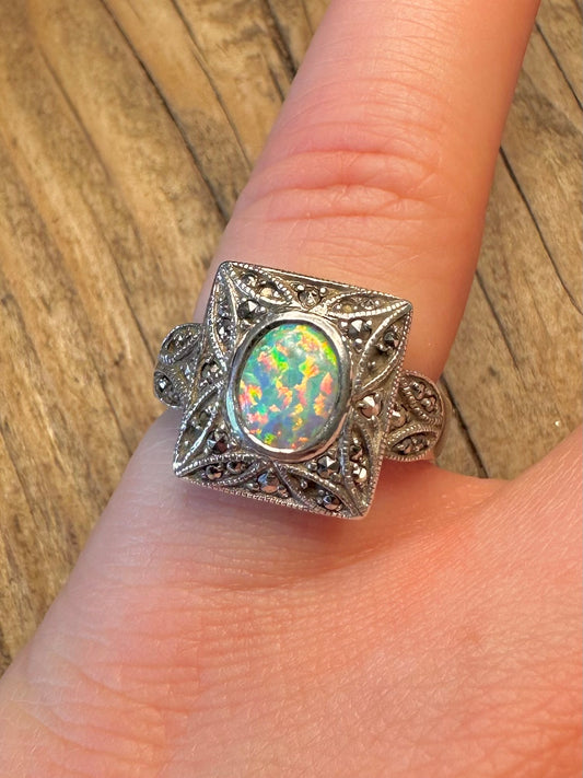 Stunning Opal and Marcasite Art Deco Style Size L Ring