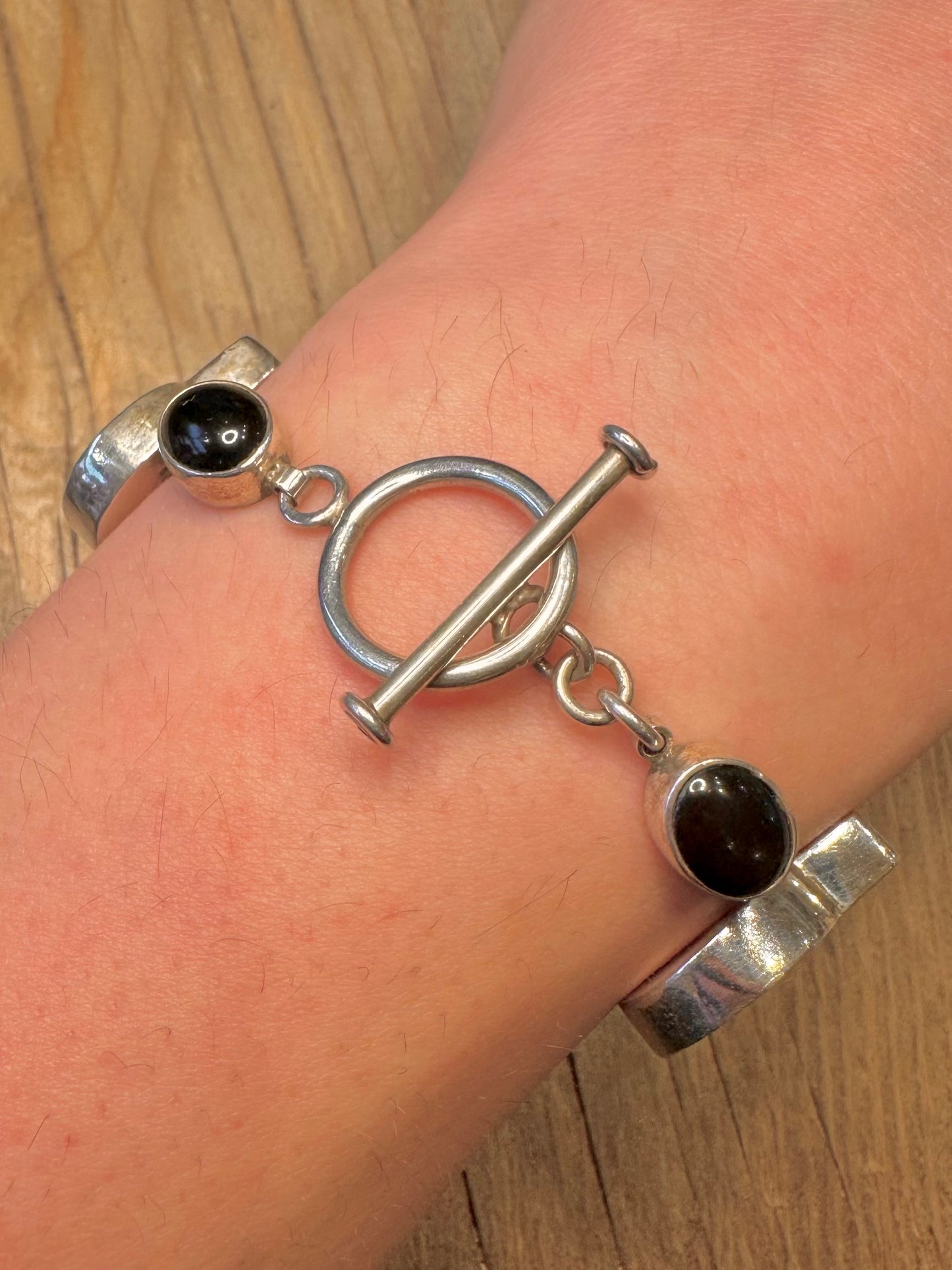 Vintage Ammonite and Onyx T Bar 925 Sterling Silver 7.5 inch Bracelet