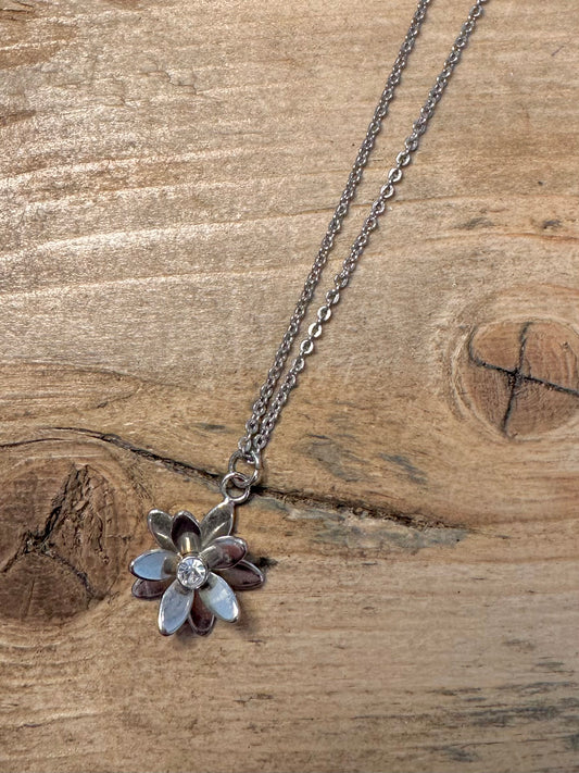 Modern Flower CZ Stone 925 Silver 16 inch Necklace Pendant