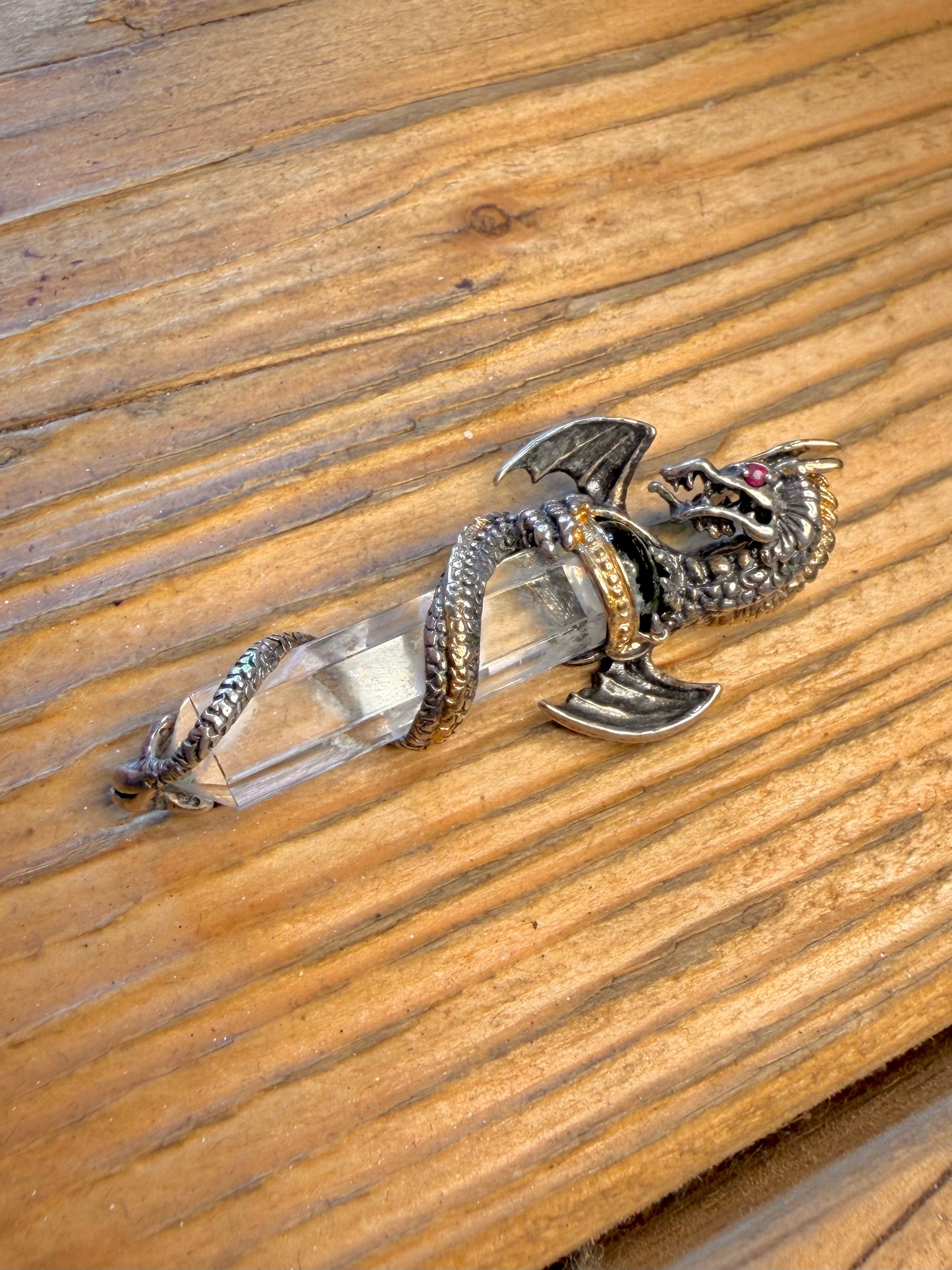 Dragon Coiled Around Clear Quarts 925 Sterling Silver Pendant