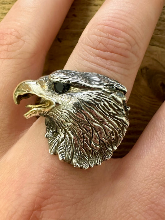 Eagle Black Stone Eye Gold Plate Beak 925 Silver Size T Ring