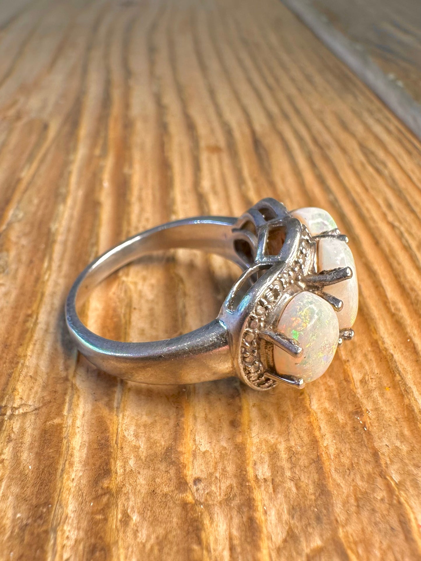Three Opal Ornate 925 Sterling Silver Size O1/2 Ring