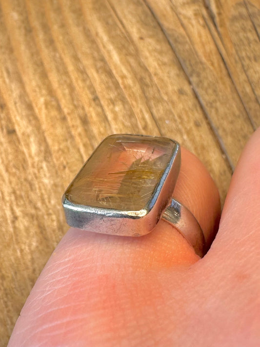 Golden Rutilated Quarts Rectangle 925 Sterling Silver Size M1/2 Ring