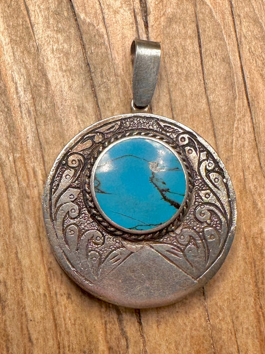 Vintage Turquoise Ornate 925 Sterling Silver Pendant