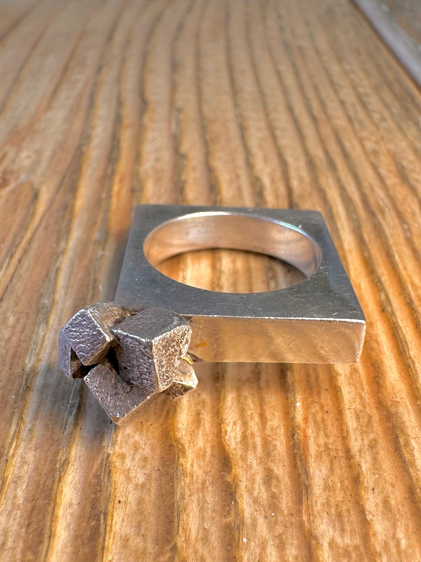 Brutalist Textured Cubes Square Band 925 Sterling Silver Size P Ring